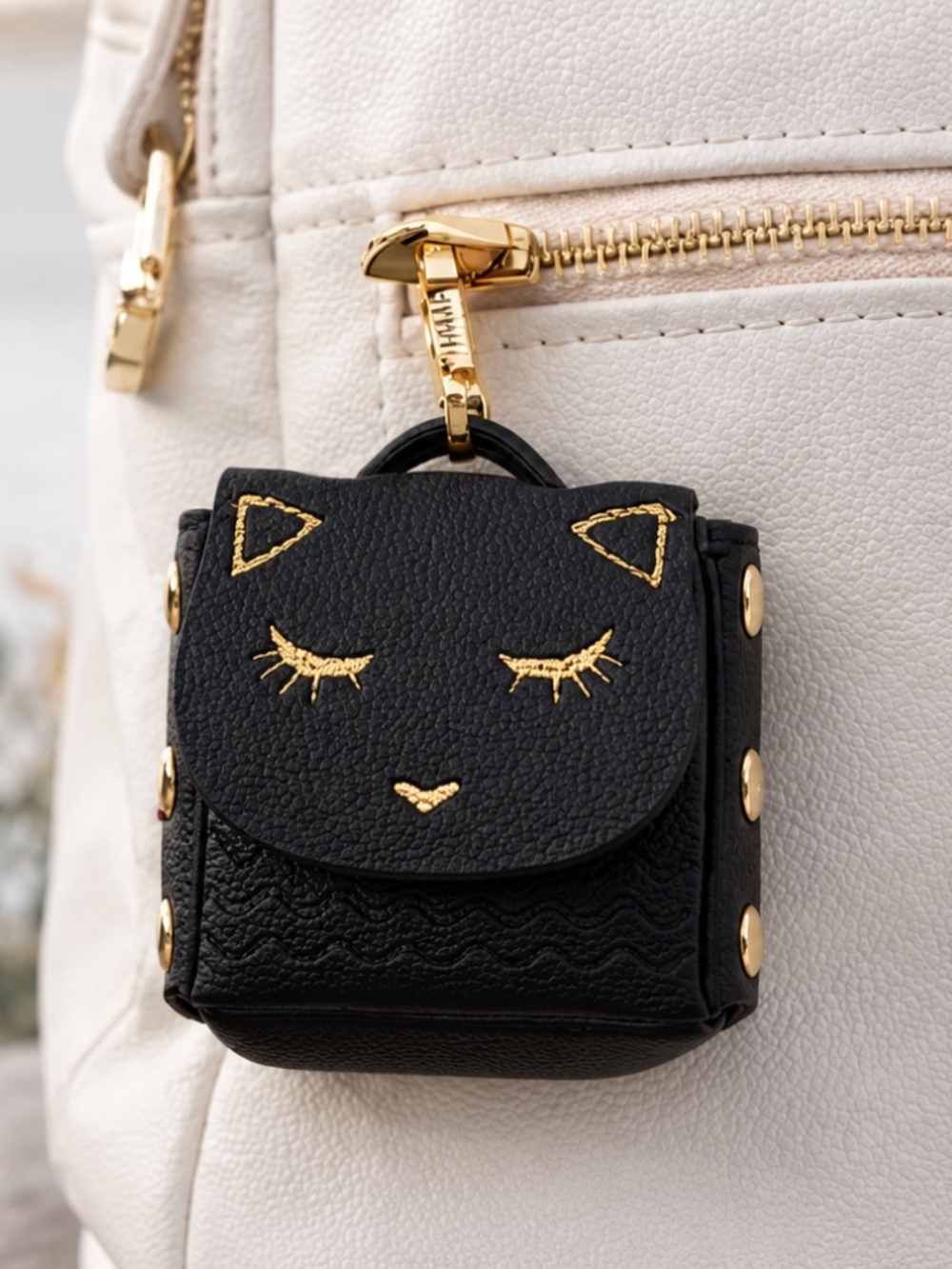 NEW Leather Kitty Coin Pouch & Earbud Case – Black with Gold Hardware